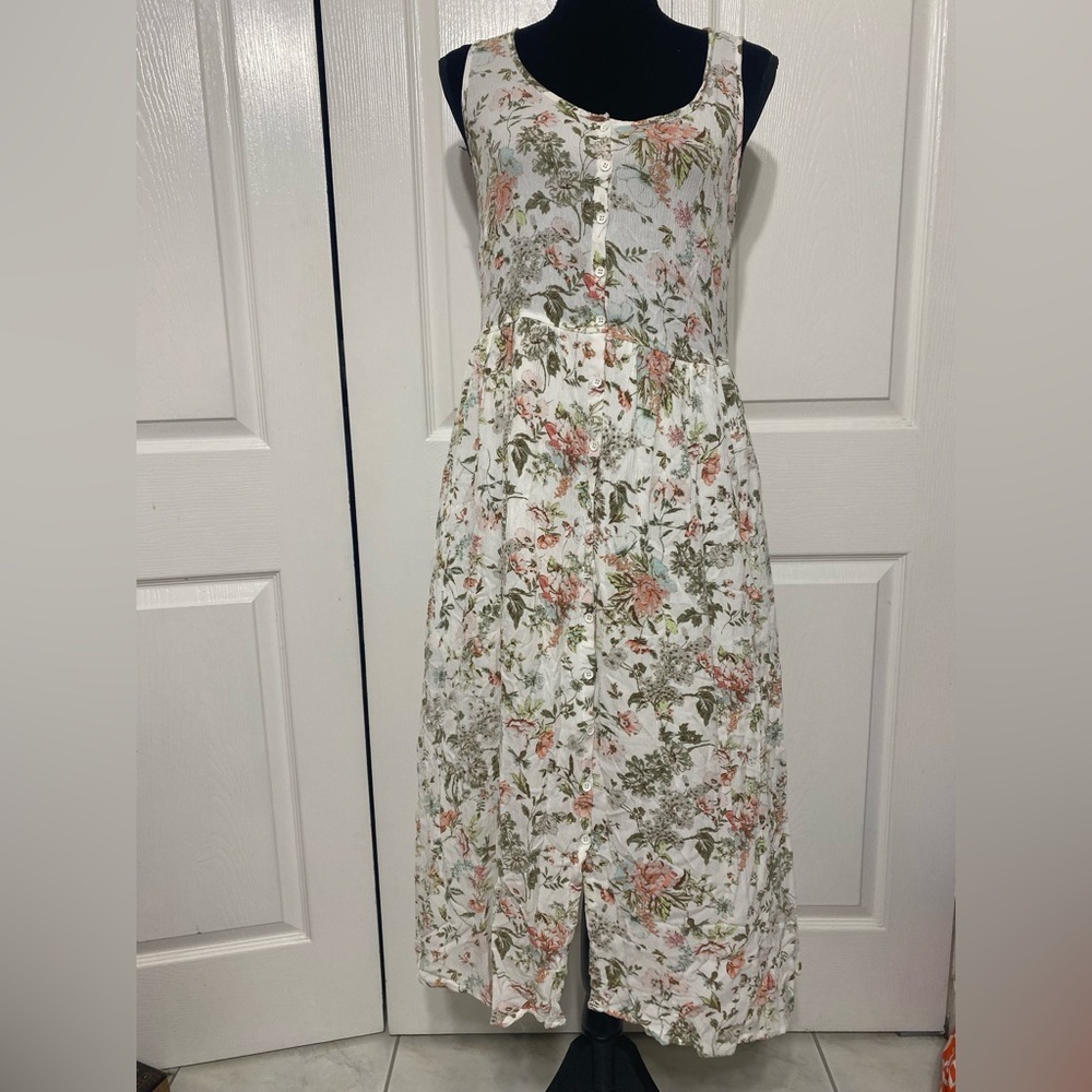 Frye Floral Sleeveless Midi Dress in White and Pink with pockets size M